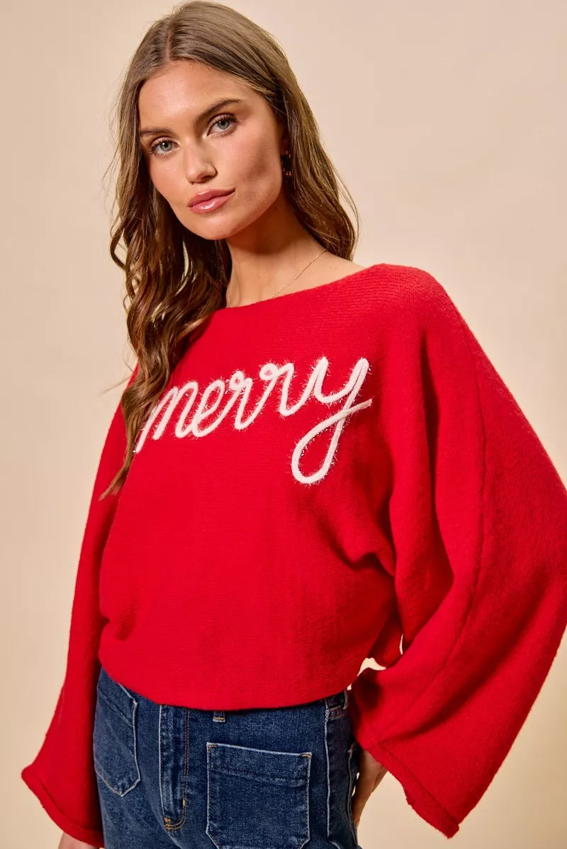 SO ME Merry Tinsel Lettering Christmas Sweater Top Red | Sweaters Daverri Fashions