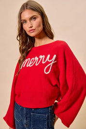 SO ME Merry Tinsel Lettering Christmas Sweater Top Red | Sweaters Daverri Fashions
