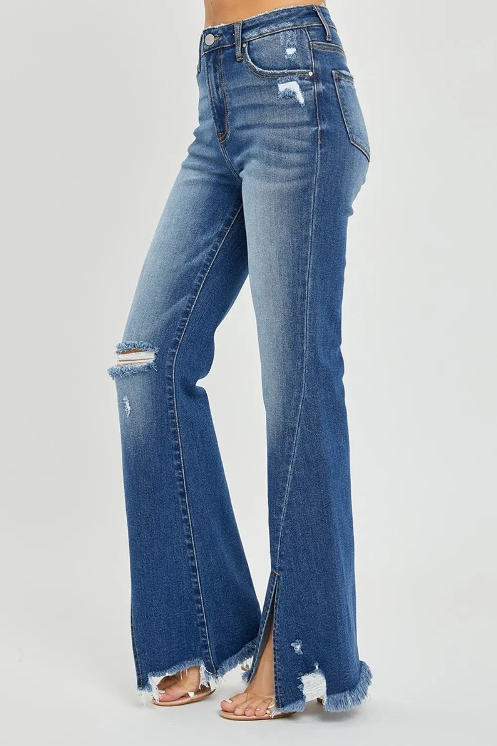 RISEN Full Size High Rise Front Slit Frayed Hem Flare Jeans | Jeans Daverri Fashions