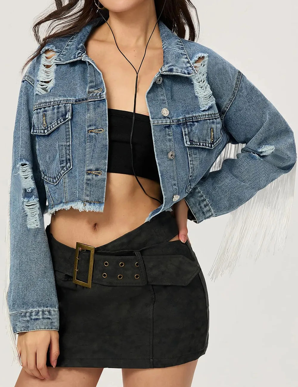 Distressed Fringe Collared Neck Cropped Denim Jacket | Denim Jackets Daverri Fashions