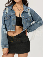 Distressed Fringe Collared Neck Cropped Denim Jacket | Denim Jackets Daverri Fashions
