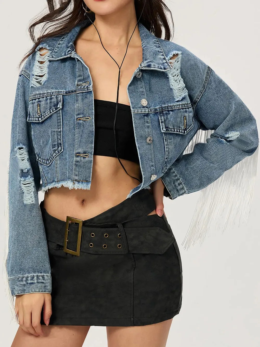 Distressed Fringe Collared Neck Cropped Denim Jacket | Denim Jackets Daverri Fashions