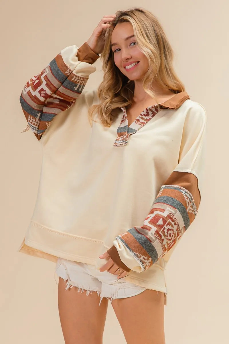 BiBi French Terry Knit and Aztec Print Mixed Top Tops