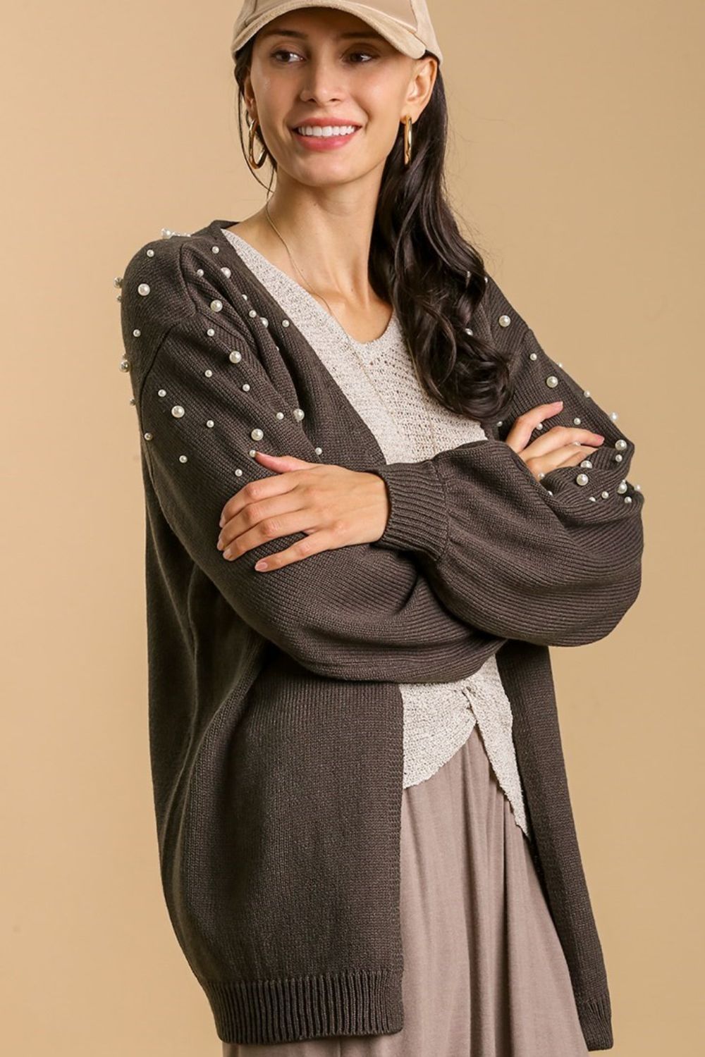 Umgee Open Front Cardigan with Long Sleeve Pearl Details CHARCOAL Cardigans