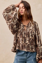 BiBi Printed Woven Front Tied Blouse with Baloon Sleeve | Blouses Daverri Fashions