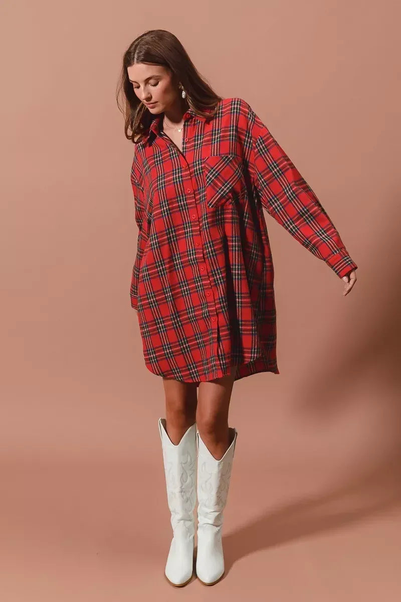 SO ME Christmas Checker Plaid Button Up Shirt Dress - DAVERRI FASHIONS