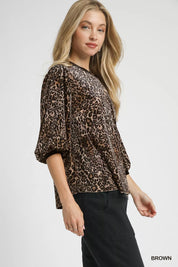 Umgee Leopard Round Neck Three-Quarter Sleeve Blouse | Blouses Daverri Fashions