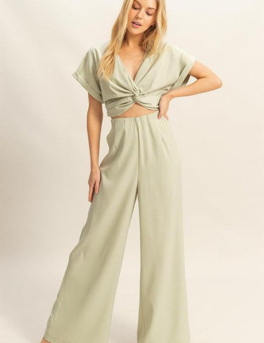 Sage L HYFVE Twisted Front Short Sleeve Top and Wide Leg Pants Set | Outfit Sets Daverri Fashions