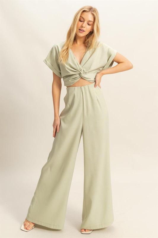 HYFVE Twisted Front Short Sleeve Top and Wide Leg Pants Set Sage L Pants