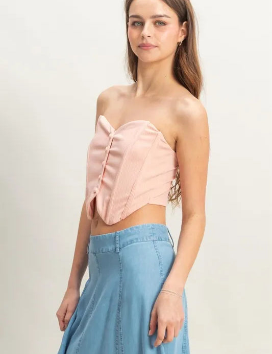 HYFVE Buttoned Front Strapless Knit Bustier Top | Tops Daverri Fashions