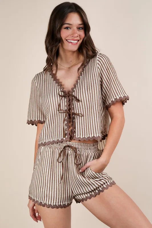 VERY J Wave Trim Detail Knit Top & Shorts Set Outfit Sets