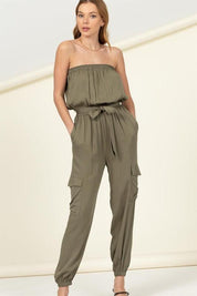 Flap Side Pockets Belted Tube Jumpsuit Jumpsuits