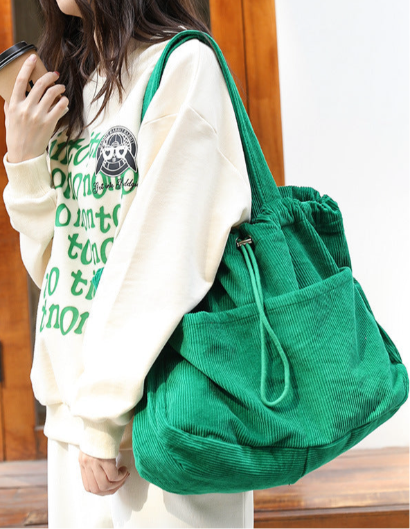 Drawstring Multi-pocket Corduroy Shoulder Bag | Handbags Daverri Fashions
