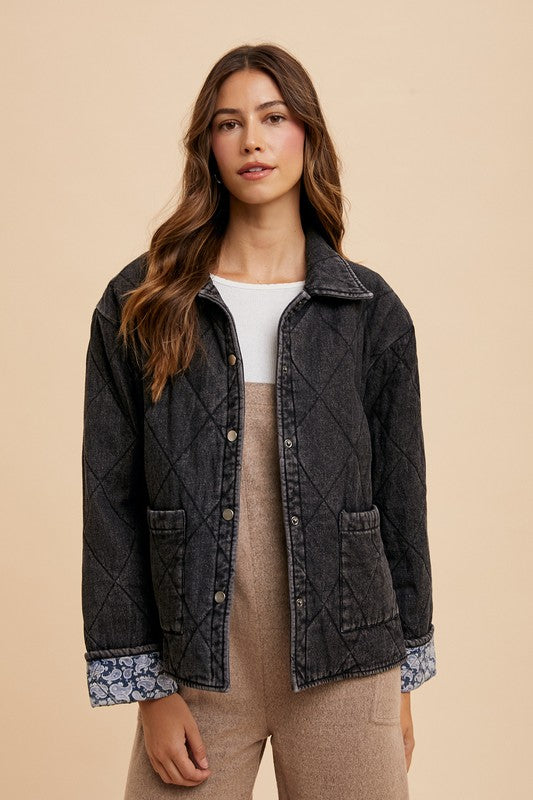 Annie Wear Quilted Printed Lining Snap Down Denim Jacket Tops