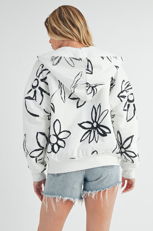 Aemi + Co Flower Print Zip Up Sherpa Hoodie Hoodies