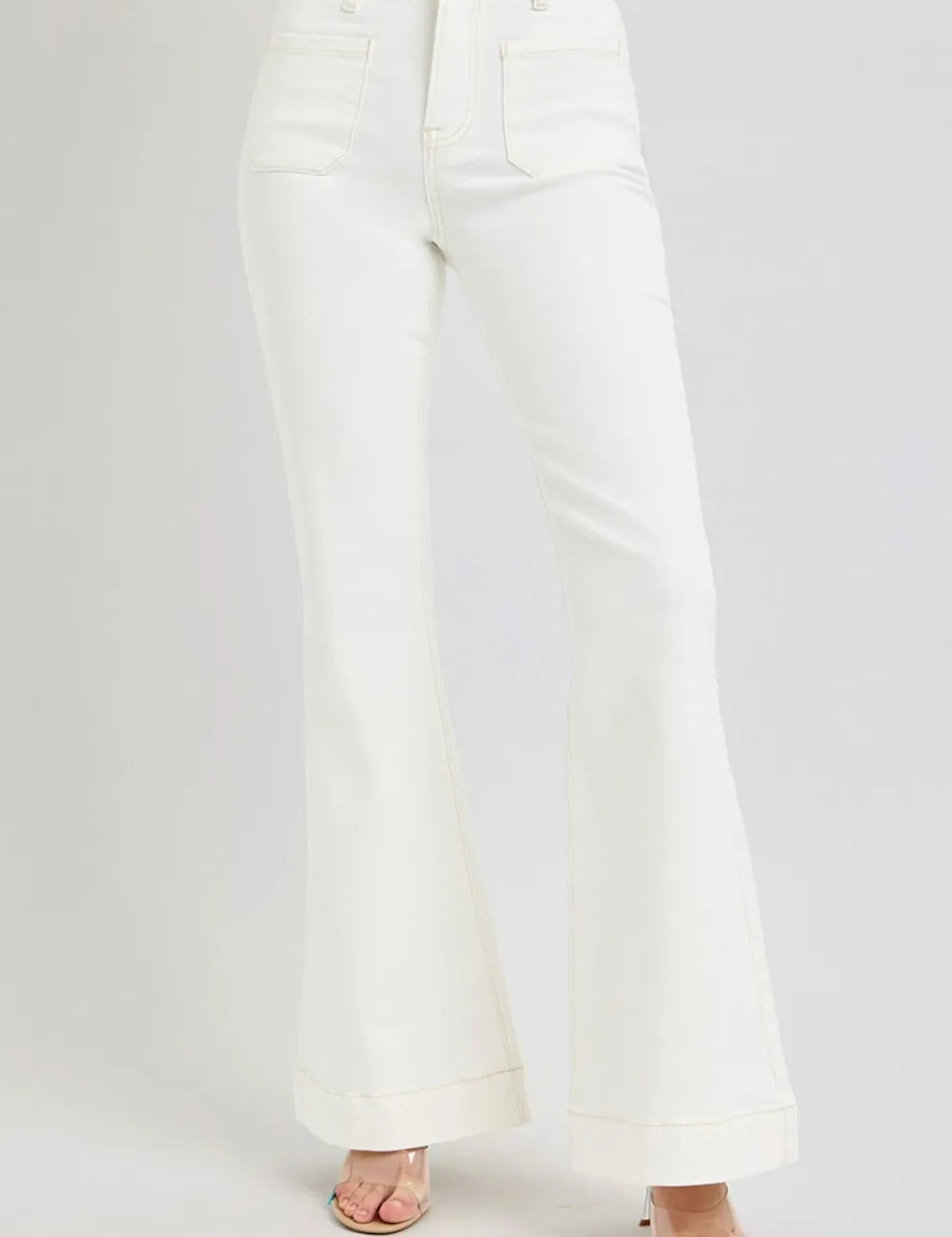 Cream RISEN Full Size High Rise Front Patch Pocket Flare Jeans | Daverri Fashions