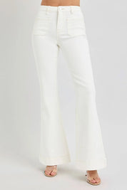 Cream RISEN Full Size High Rise Front Patch Pocket Flare Jeans | Daverri Fashions