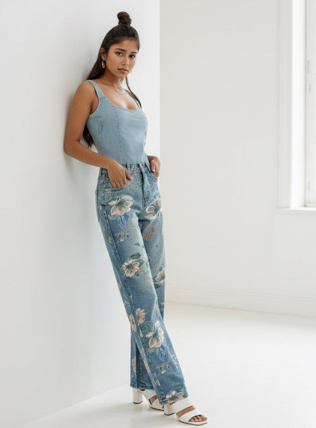 Woman wearing a light blue floral jumpsuit in a bright room.