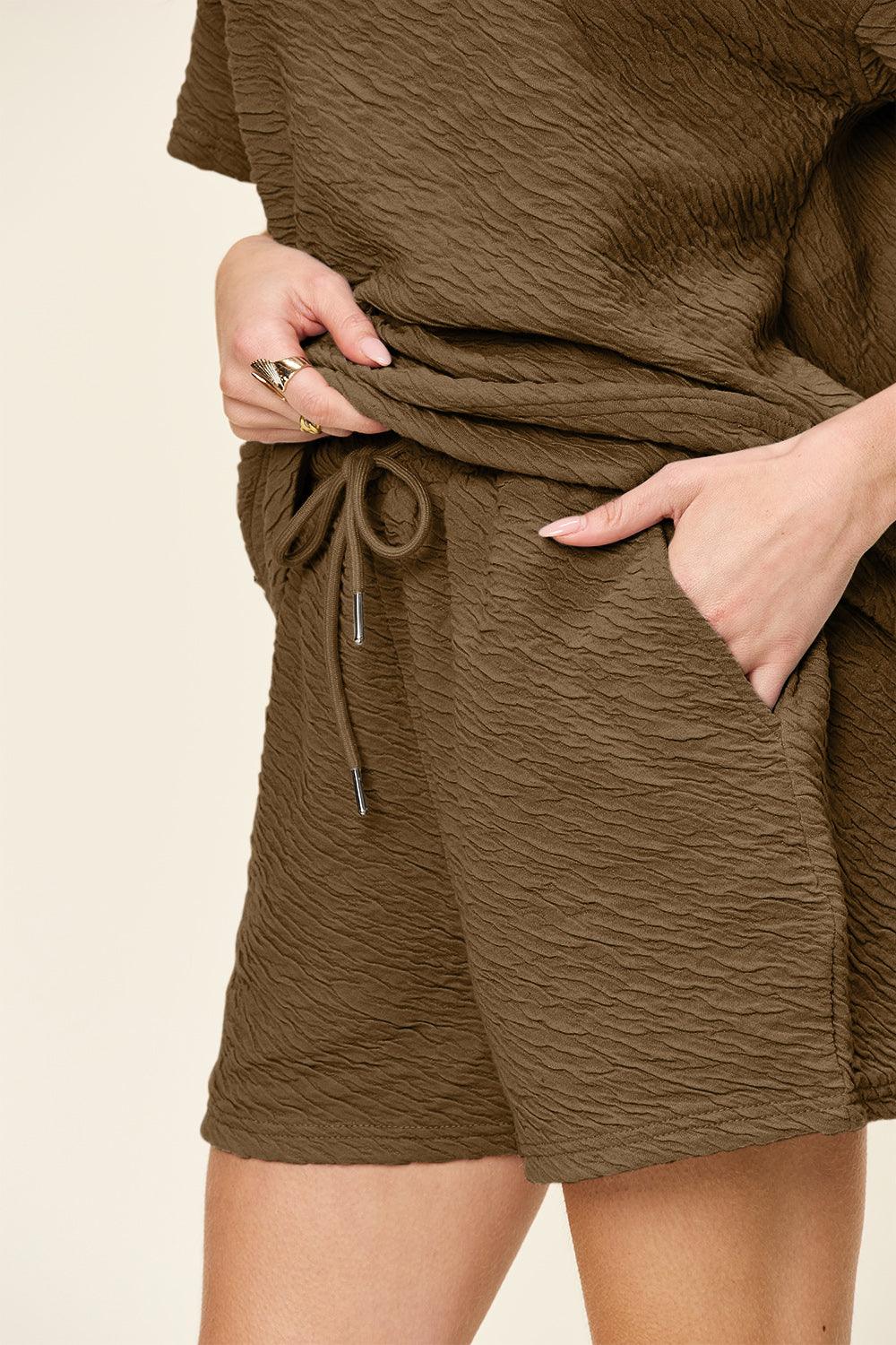 Double Take Full Size Texture Short Sleeve T-Shirt and Drawstring Shorts Set Outfit Sets