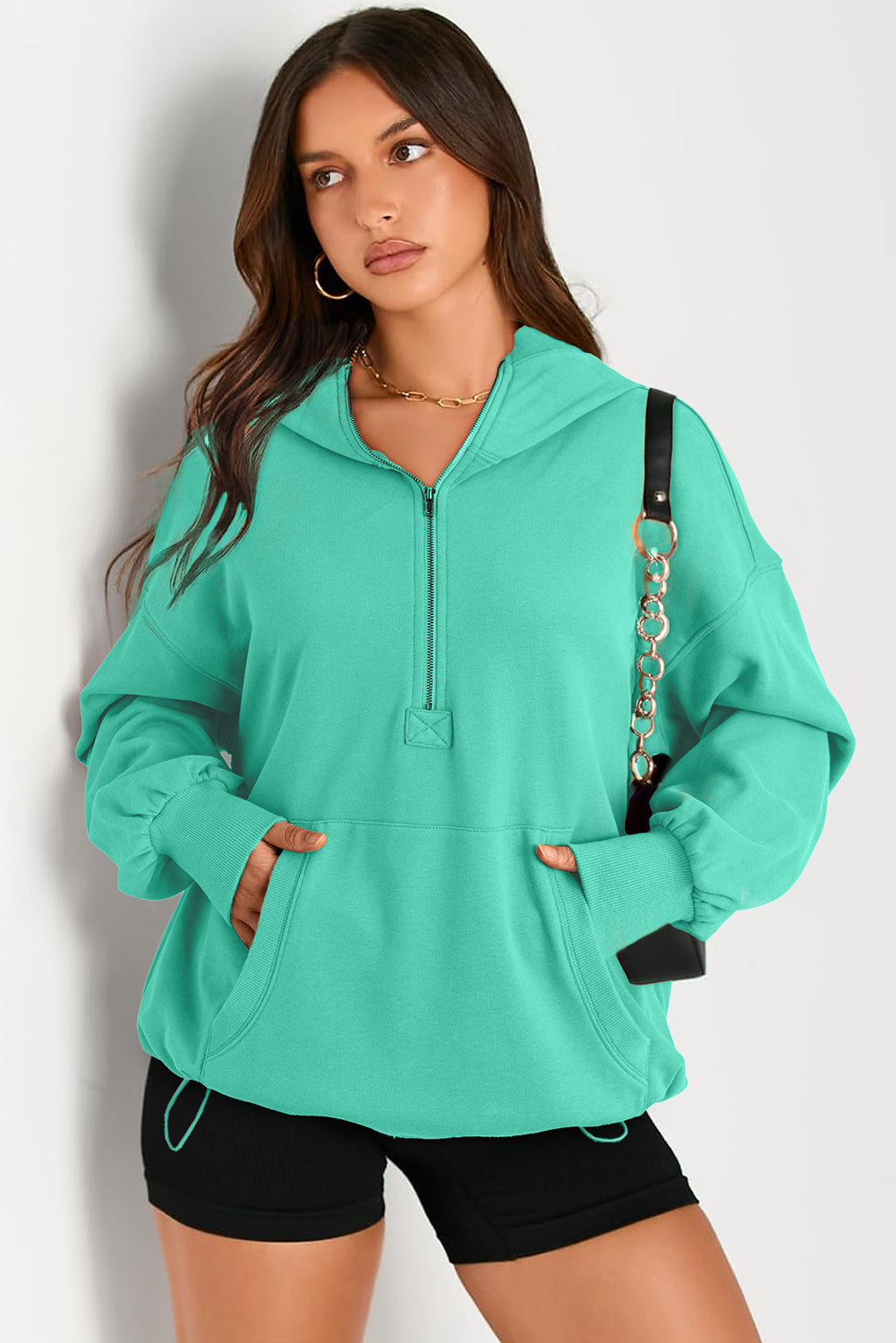 Pocketed Half Zip Long Sleeve Hoodie Tops