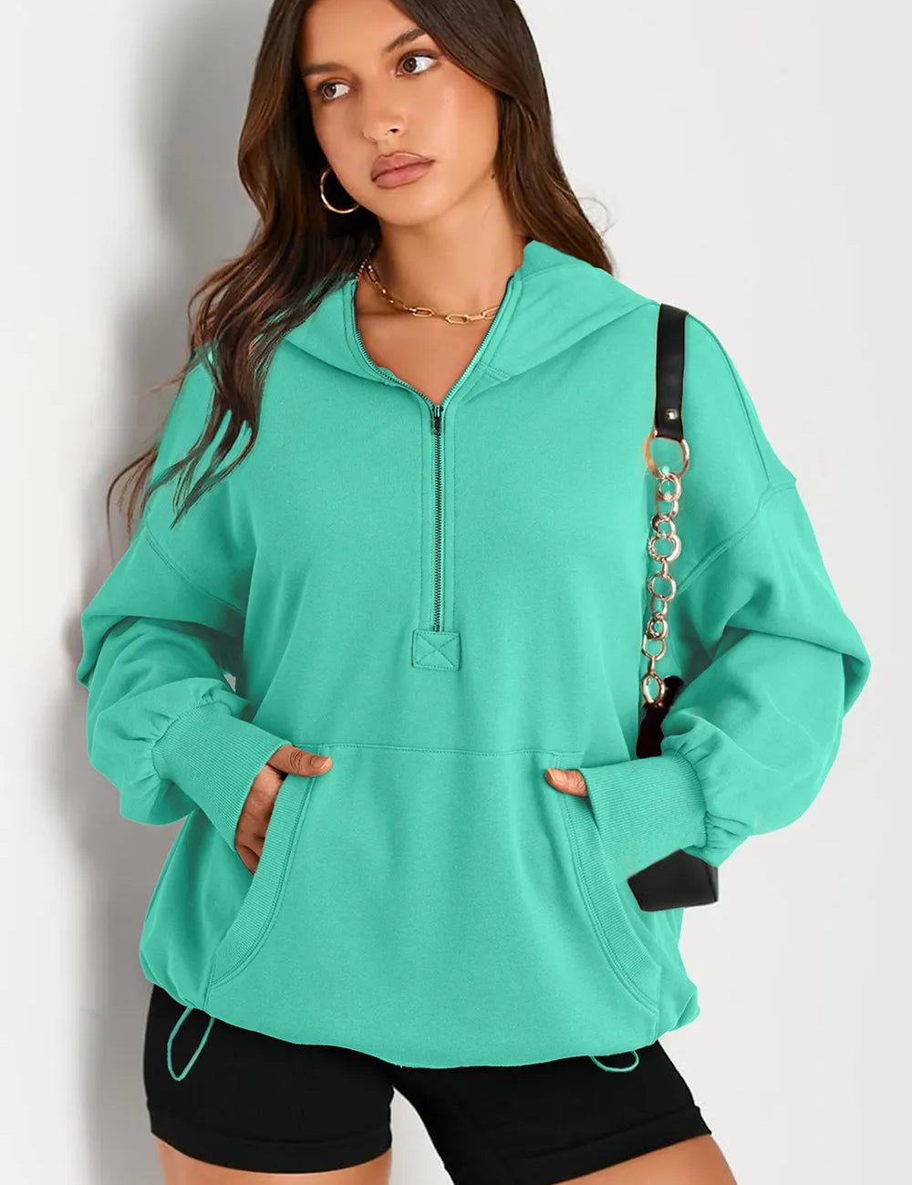 Pocketed Half Zip Long Sleeve Hoodie | Hoodies Daverri Fashions