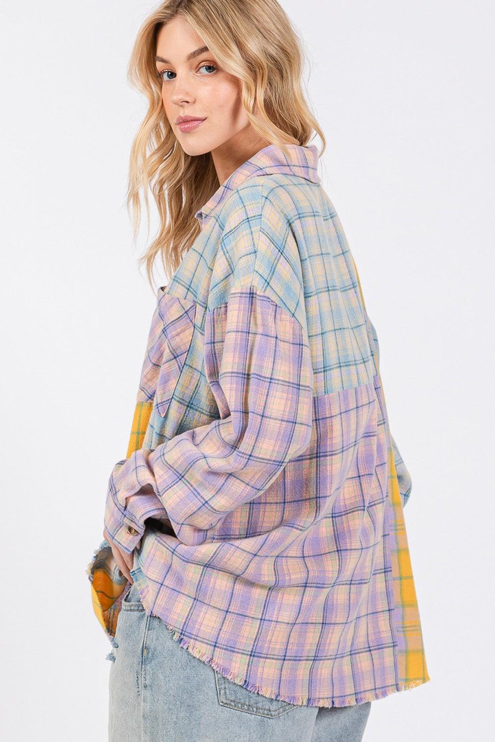 SAGE + FIG Button Up Raw Hem Plaid Flannel Shirt Shirts