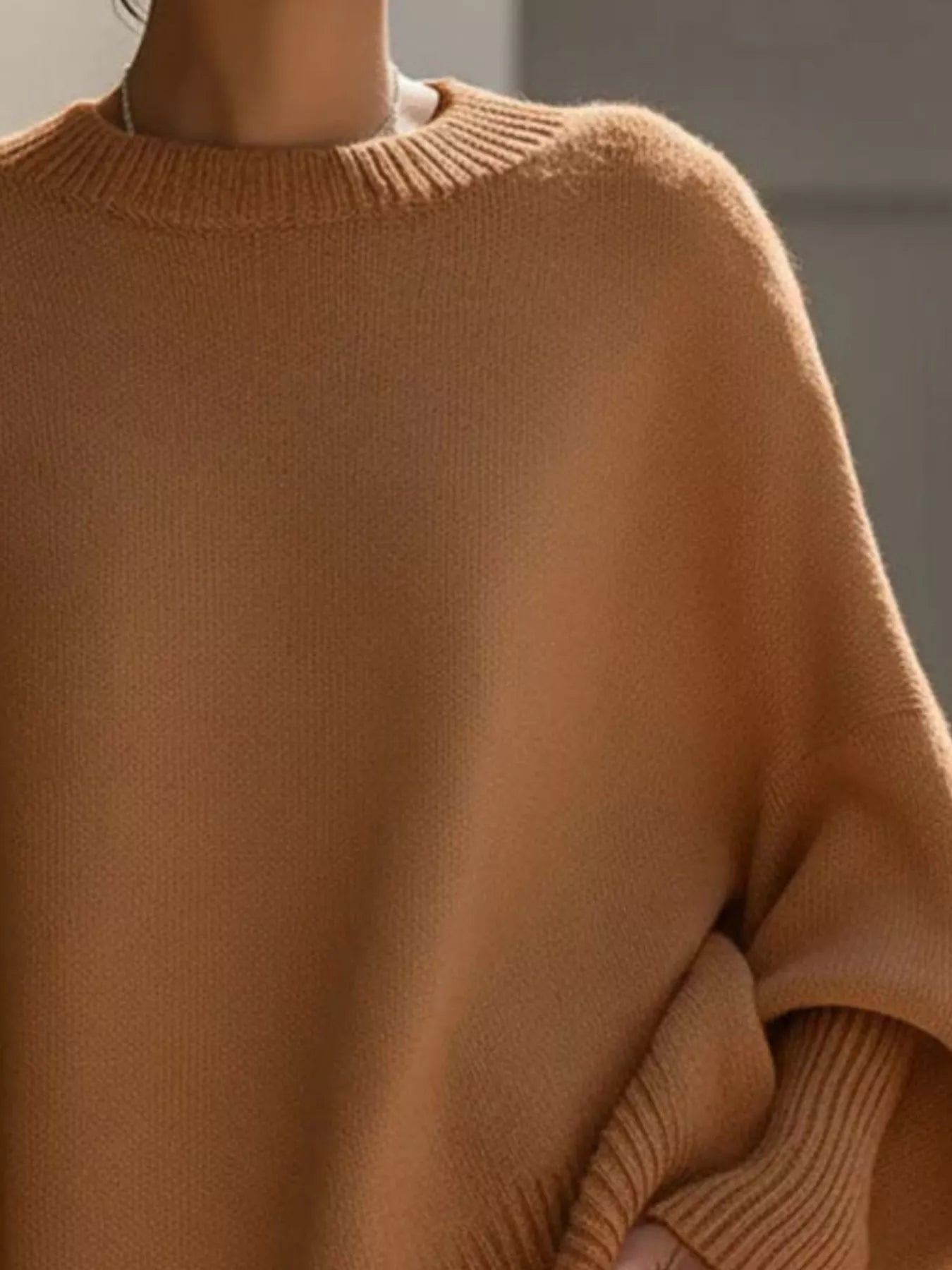 Cozy camel-colored womens oversized batwing sleeve knit sweater