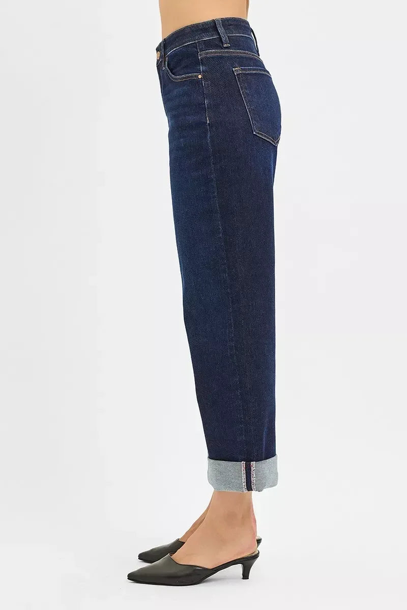 RISEN Mid Rise Fit Ankle Wide Roll Up Jeans - DAVERRI FASHIONS