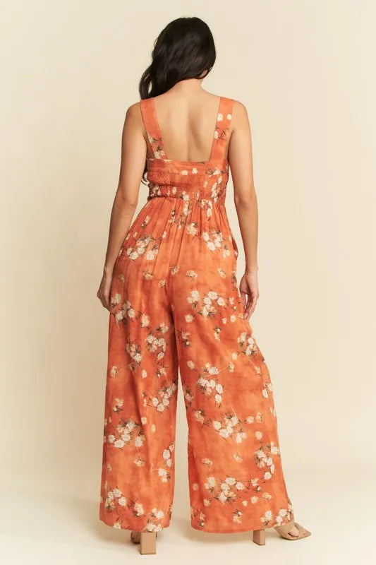 Davi & Dani Floral Ruffle Square Neck Smocking Bodice Jumpsuit Jumpsuits