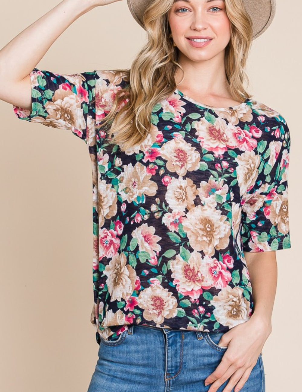 Navy BOMBOM Floral Round Neck T-Shirt | Daverri Fashions