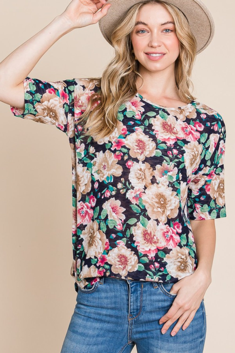 BOMBOM Floral Round Neck T-Shirt Navy
