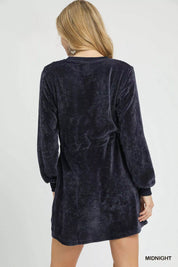 Umgee Velour Drawstring Mini Dress with Long Sleeves | Mini Dresses Daverri Fashions