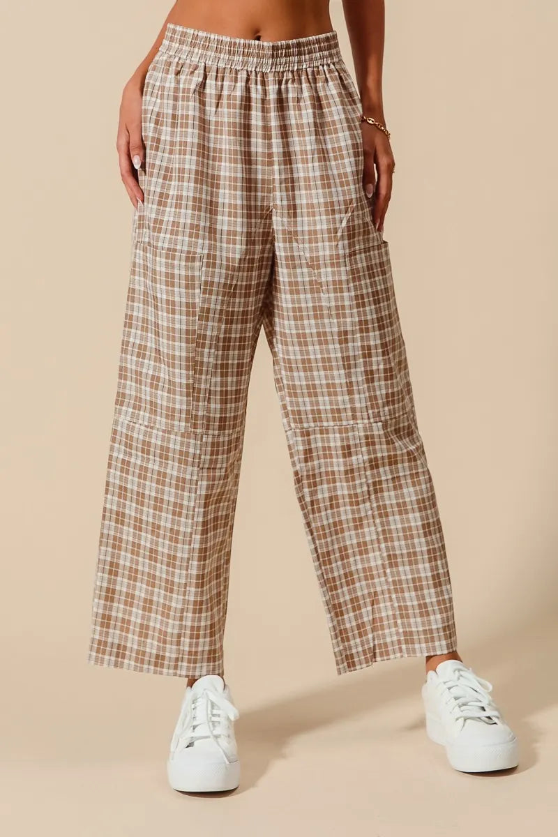 SO ME Check Plaid Wide Leg Pants with Big Patch Pockets COFFEE IVORY