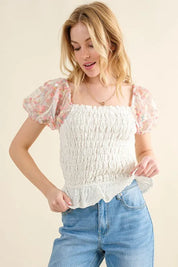 IVORY And The Why Embellishment Sleeve Smocked Top | Tops Daverri Fashions