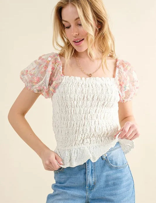 IVORY And The Why Embellishment Sleeve Smocked Top | Tops Daverri Fashions