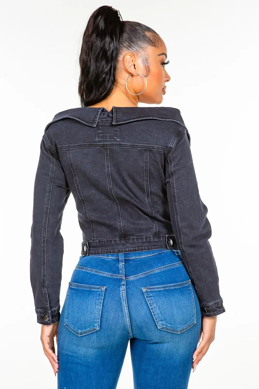 American Bazi Off Shoulder Lace Up Denim Jacket - DAVERRI FASHIONS