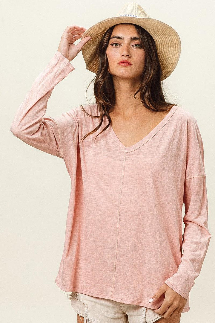 BiBi Exposed Seam V-Neck Long Sleeve T-Shirt BLUSH T-Shirts