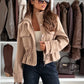Daverri Drawstring Waist Cropped Jacket in beige faux-fur-lined utility style