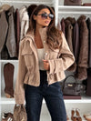 Daverri Drawstring Waist Cropped Jacket in beige faux-fur-lined utility style