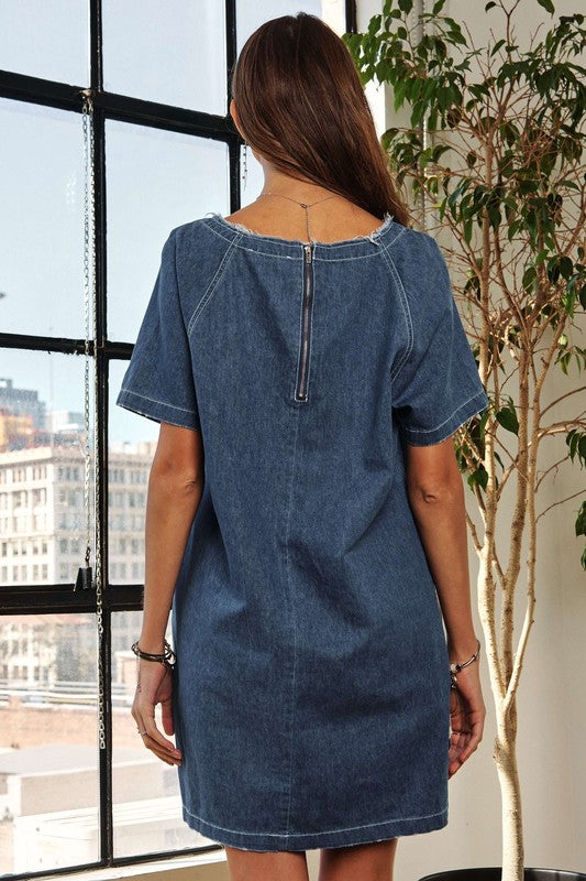 ADORA Raw Hem Mini Denim Dress with Pockets Mini Dresses