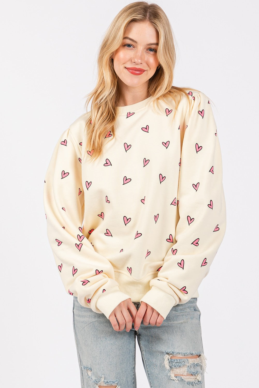 SAGE + FIG Heart Printed Contrast Long Sleeve Sweatshirt Tops