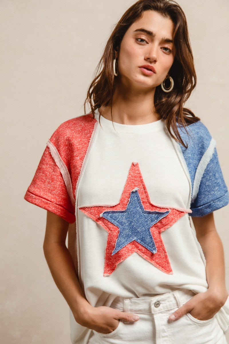 BiBi Fourth of July t-shirt with red blue star applique raglan sleeves