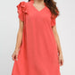 Umgee linen flutter sleeve shift dress with pockets, coral v-neck ruffles