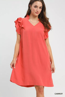 Umgee linen flutter sleeve shift dress with pockets, coral v-neck ruffles