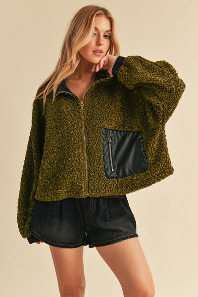 Aemi + Co Collared Neck Zip Up Sherpa Jacket Olive Jackets