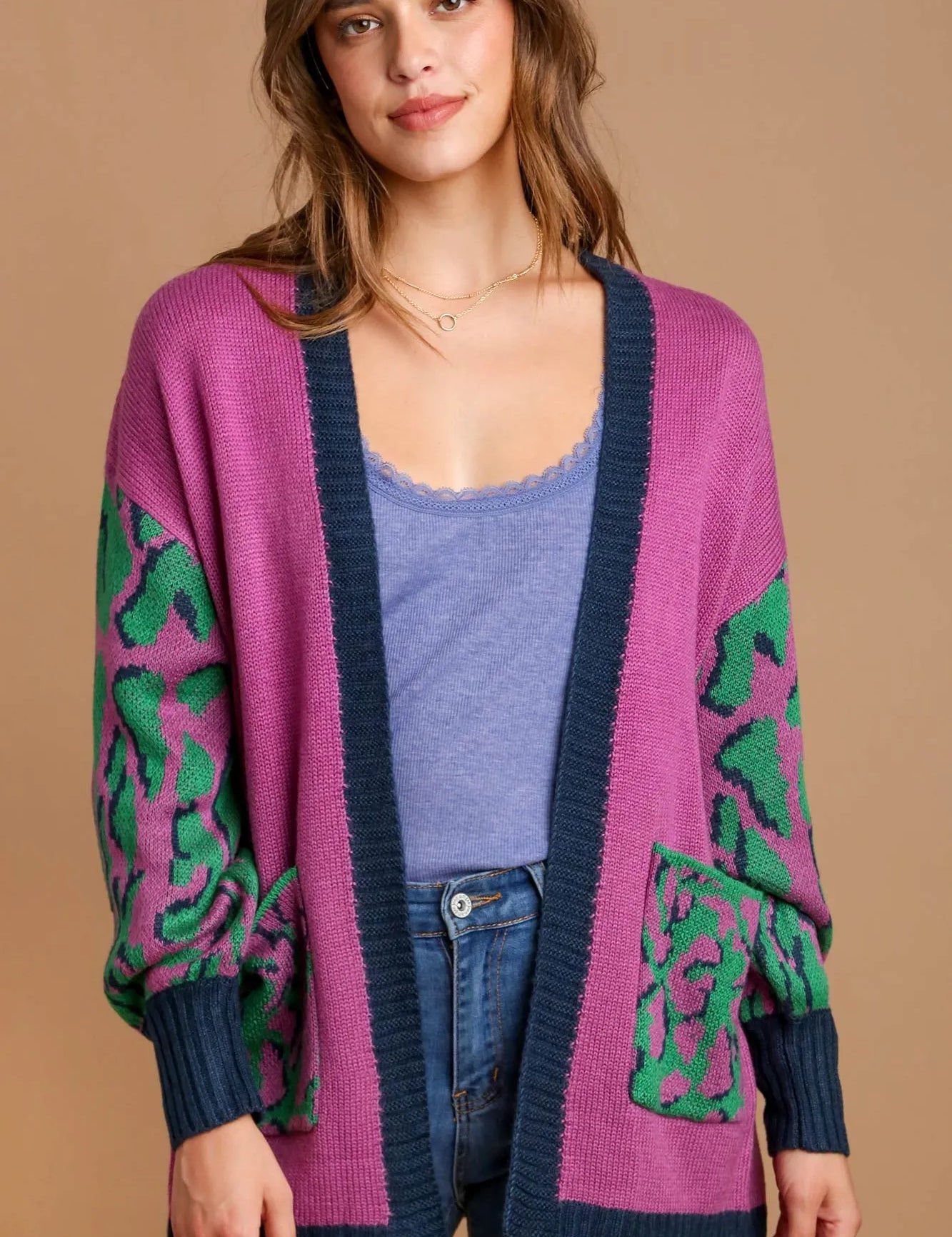 GREEN MIX Umgee Animal Print Open Front Sweater Cardigan | Sweaters Daverri Fashions