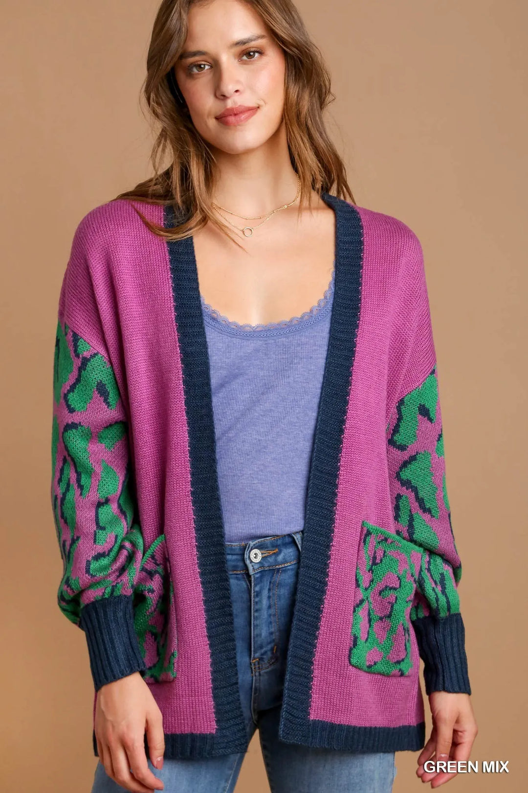 Umgee Animal Print Open Front Sweater Cardigan GREEN MIX