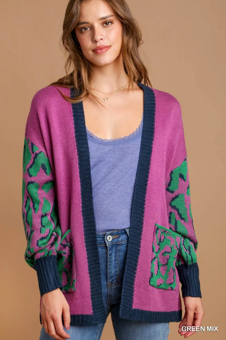 Umgee Animal Print Open Front Sweater Cardigan GREEN MIX