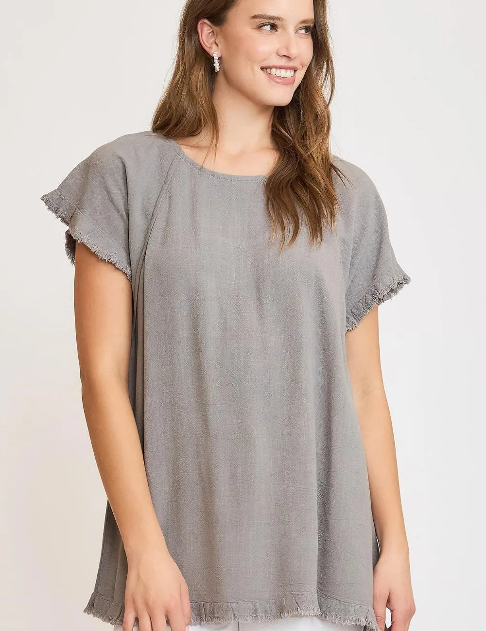 Gray Umgee Full Size Seam Detail Linen Ruffle Fringe Edge Top Plus Size | Daverri Fashions