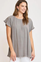 Gray Umgee Full Size Seam Detail Linen Ruffle Fringe Edge Top Plus Size | Daverri Fashions